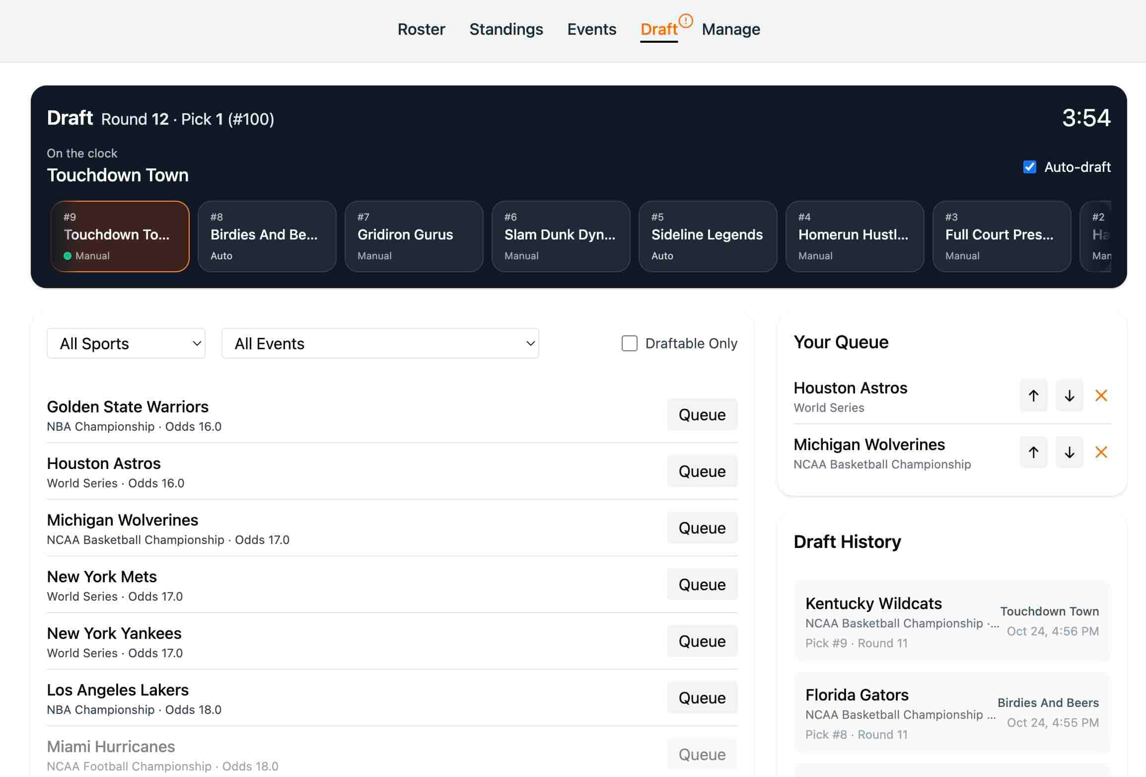 Fantasy draft interface showing cross-sport participant selection