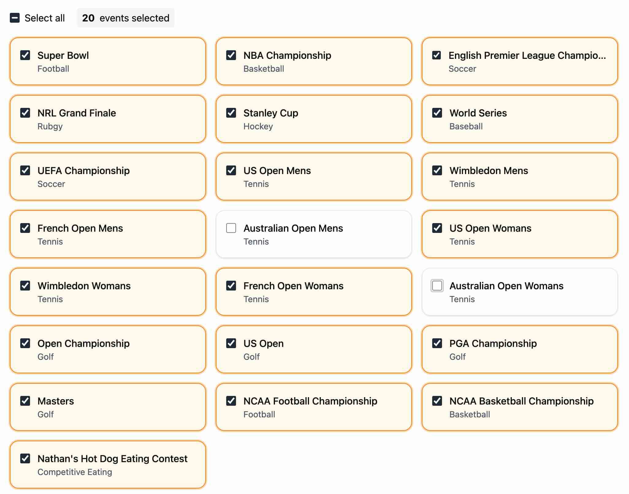 Select sporting events across multiple sports when creating a fantasy league